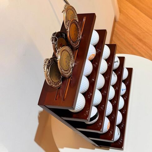 Solid Wood Golf Ball Display Rack, 20 Ball Slots with Two Rows of Medal Holders, Golf Ball Display Cabinet for Golf Collectibles Storage and Display in Saudi Arabia