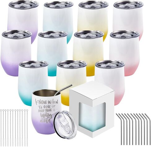 BetterSub 8 عبوات 12oz أكواب نبيذ وردية لامعة بجدار مزدوج معزولة بفراغات التسامي، أكواب تصعيد من الفولاذ المقاوم للصدأ مع غطاء، قش معدني، فرشاة، صندوق عرض in Kuwait