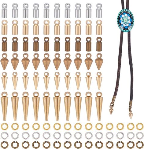 NBEADS 120 Pcs Bolo Tie Findings Kit, Bolo Tie Tips Replacement Kit Bolo Tie Buckle Accessories with 30Pcs Alloy Cord End, 30Pcs Bolo Brass Round Cone Charms with 60Pcs Jump Ring for Bolo Tie Making in Saudi Arabia
