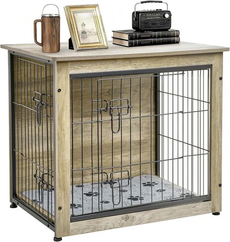 SHAWKEN Wooden & Metal Small Dog Crate Furniture Indoor with Soft Cushion, Double-Door Dog House, 26.4" L Puppy Kennel (Oak Grey, Small) in Saudi Arabia