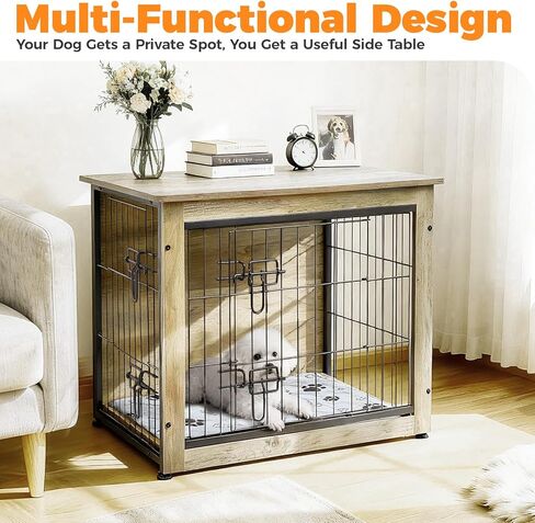SHAWKEN Wooden & Metal Small Dog Crate Furniture Indoor with Soft Cushion, Double-Door Dog House, 26.4" L Puppy Kennel (Oak Grey, Small) in Saudi Arabia