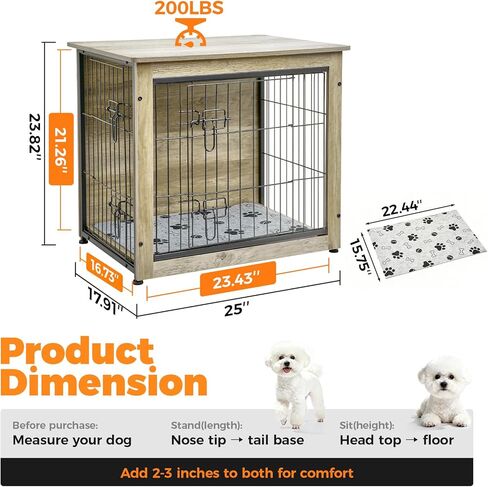 SHAWKEN Wooden & Metal Small Dog Crate Furniture Indoor with Soft Cushion, Double-Door Dog House, 26.4" L Puppy Kennel (Oak Grey, Small) in Saudi Arabia