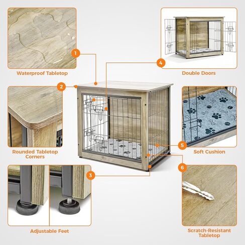 SHAWKEN Wooden & Metal Small Dog Crate Furniture Indoor with Soft Cushion, Double-Door Dog House, 26.4" L Puppy Kennel (Oak Grey, Small) in Saudi Arabia