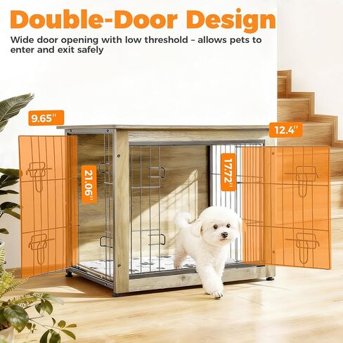 SHAWKEN Wooden & Metal Small Dog Crate Furniture Indoor with Soft Cushion, Double-Door Dog House, 26.4" L Puppy Kennel (Oak Grey, Small) in Saudi Arabia