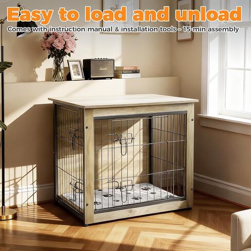 SHAWKEN Wooden & Metal Small Dog Crate Furniture Indoor with Soft Cushion, Double-Door Dog House, 26.4" L Puppy Kennel (Oak Grey, Small) in Saudi Arabia