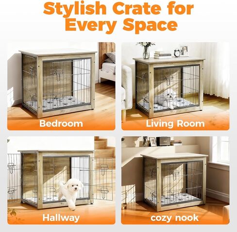 SHAWKEN Wooden & Metal Small Dog Crate Furniture Indoor with Soft Cushion, Double-Door Dog House, 26.4" L Puppy Kennel (Oak Grey, Small) in Saudi Arabia
