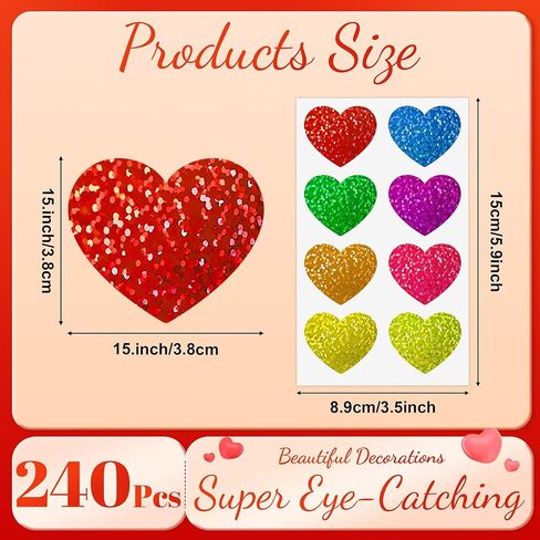 Heart Stickers, Valentines Stickers for Kids, 320Pcs 1.5 inch Large Self Adhesive Colorful Glitter Sticker for Reward Classroom Teacher Envelope Seal Mother Day Birthday Gift Decorative Label Sticker in Saudi Arabia
