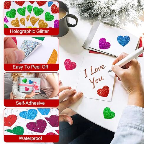 Heart Stickers, Valentines Stickers for Kids, 320Pcs 1.5 inch Large Self Adhesive Colorful Glitter Sticker for Reward Classroom Teacher Envelope Seal Mother Day Birthday Gift Decorative Label Sticker in Saudi Arabia