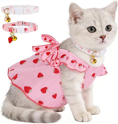 أزياء قطط قطنية مطبوعة بالفراولة مع ياقة قابلة للتعديل مع فيونكة، ملابس قطط للفتيات والقطط، ملابس حيوانات أليفة بيضاء وردية للكلاب والقطط الصغيرة (M) in Kuwait