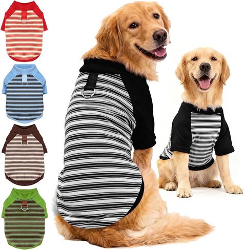 Fleece Dog T-Shirt with Leash Ring Lightweight Stretchy Dogs Clothes Striped Short Sleeves Pet Sweatshirt Soft Dog Shirts for Small Dogs Chihuahua, Dachshund, Yorkie（Blue,Large） in Kuwait