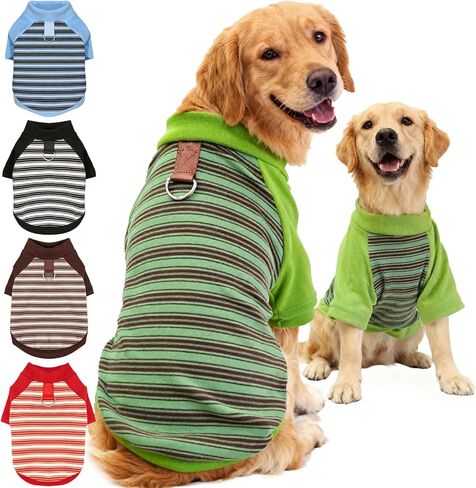 Fleece Dog T-Shirt with Leash Ring Lightweight Stretchy Dogs Clothes Striped Short Sleeves Pet Sweatshirt Soft Dog Shirts for Small Dogs Chihuahua, Dachshund, Yorkie（Blue,Large） in Kuwait