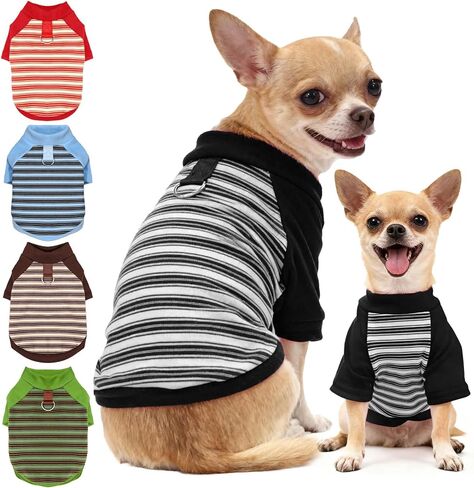 Fleece Dog T-Shirt with Leash Ring Lightweight Stretchy Dogs Clothes Striped Short Sleeves Pet Sweatshirt Soft Dog Shirts for Small Dogs Chihuahua, Dachshund, Yorkie（Blue,Large） in Kuwait