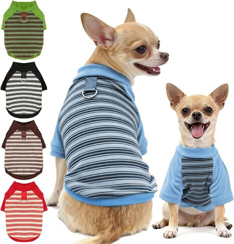 Fleece Dog T-Shirt with Leash Ring Lightweight Stretchy Dogs Clothes Striped Short Sleeves Pet Sweatshirt Soft Dog Shirts for Small Dogs Chihuahua, Dachshund, Yorkie（Blue,Large） in Kuwait