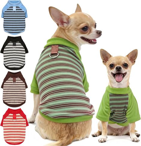 Fleece Dog T-Shirt with Leash Ring Lightweight Stretchy Dogs Clothes Striped Short Sleeves Pet Sweatshirt Soft Dog Shirts for Small Dogs Chihuahua, Dachshund, Yorkie（Blue,Large） in Kuwait