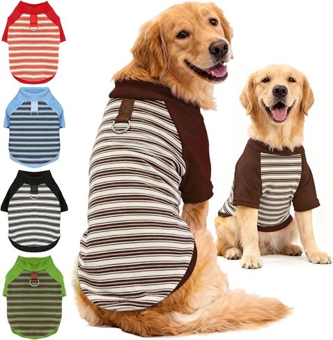Fleece Dog T-Shirt with Leash Ring Lightweight Stretchy Dogs Clothes Striped Short Sleeves Pet Sweatshirt Soft Dog Shirts for Small Dogs Chihuahua, Dachshund, Yorkie（Blue,Large） in Kuwait