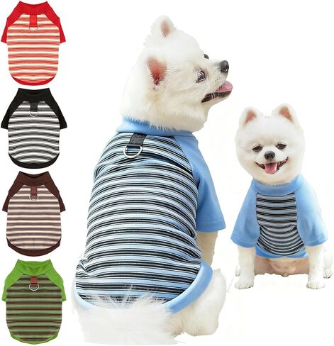Fleece Dog T-Shirt with Leash Ring Lightweight Stretchy Dogs Clothes Striped Short Sleeves Pet Sweatshirt Soft Dog Shirts for Small Dogs Chihuahua, Dachshund, Yorkie（Blue,Large） in Kuwait