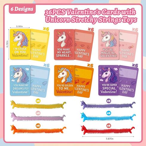 36Pcs Valentine's Day Gift Cards with Unicorn Stretchy Strings Toys,Sensory Fidget Stretch Toys Bulk for Kids,Anti-Anxiety Autism Toy,School Classroom Exchange Prizes,Valentine Party Favors in Saudi Arabia