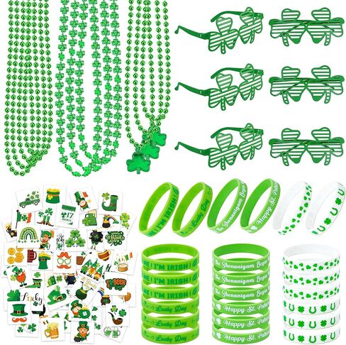 140PCS St Patricks Day Accessories, St. Patrick's Day Glasses Bracelets Tattoos Beads, Irish Glasses Bracelets Tattoos Beads Stuff Bulk, Shamrock Saint Patricks Parade Throw Party Favor Decorations in Saudi Arabia