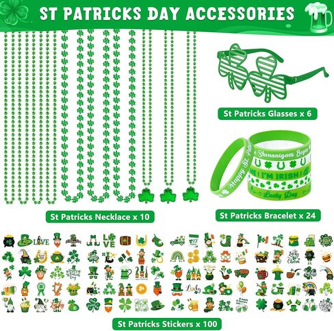140PCS St Patricks Day Accessories, St. Patrick's Day Glasses Bracelets Tattoos Beads, Irish Glasses Bracelets Tattoos Beads Stuff Bulk, Shamrock Saint Patricks Parade Throw Party Favor Decorations in Saudi Arabia