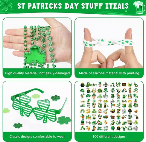 140PCS St Patricks Day Accessories, St. Patrick's Day Glasses Bracelets Tattoos Beads, Irish Glasses Bracelets Tattoos Beads Stuff Bulk, Shamrock Saint Patricks Parade Throw Party Favor Decorations in Saudi Arabia