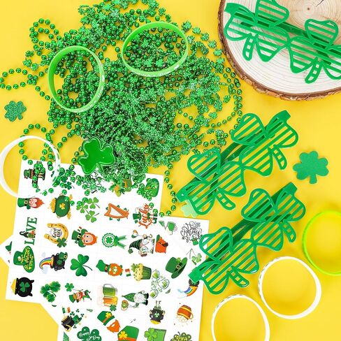 140PCS St Patricks Day Accessories, St. Patrick's Day Glasses Bracelets Tattoos Beads, Irish Glasses Bracelets Tattoos Beads Stuff Bulk, Shamrock Saint Patricks Parade Throw Party Favor Decorations in Saudi Arabia