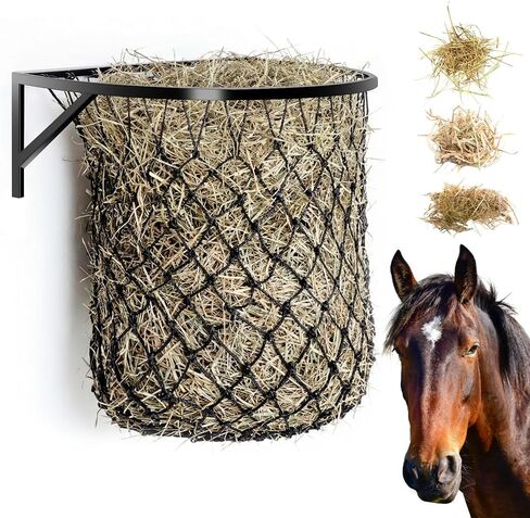 1 Set Wall Mount Hay Feeder with Net Large Capacity Black Metal Frame with Slow Feed Hay Net Open-top for Horses Goats in Saudi Arabia