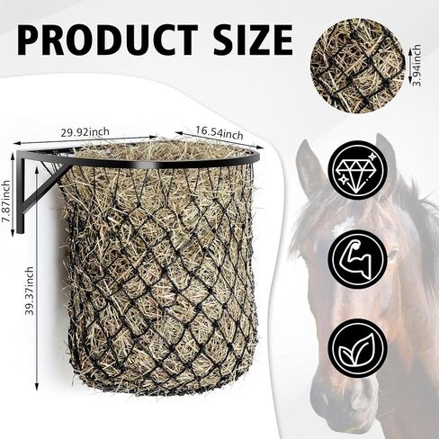 1 Set Wall Mount Hay Feeder with Net Large Capacity Black Metal Frame with Slow Feed Hay Net Open-top for Horses Goats in Saudi Arabia