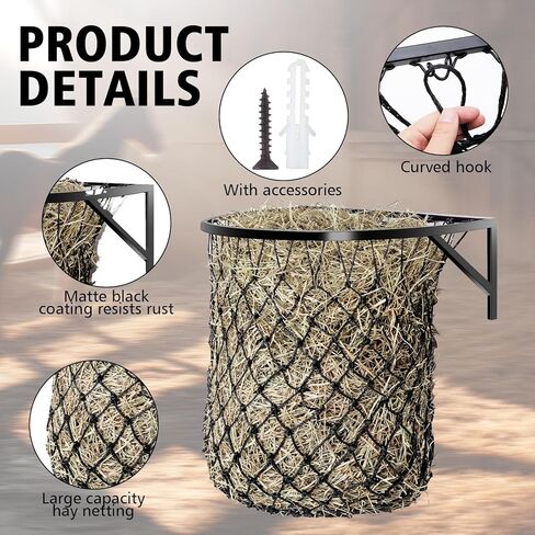 1 Set Wall Mount Hay Feeder with Net Large Capacity Black Metal Frame with Slow Feed Hay Net Open-top for Horses Goats in Saudi Arabia