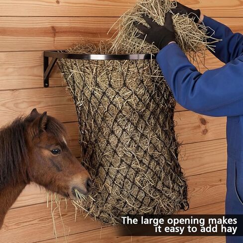1 Set Wall Mount Hay Feeder with Net Large Capacity Black Metal Frame with Slow Feed Hay Net Open-top for Horses Goats in Saudi Arabia