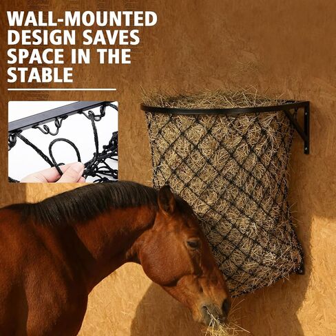 1 Set Wall Mount Hay Feeder with Net Large Capacity Black Metal Frame with Slow Feed Hay Net Open-top for Horses Goats in Saudi Arabia
