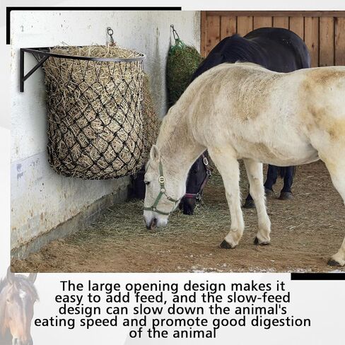 1 Set Wall Mount Hay Feeder with Net Large Capacity Black Metal Frame with Slow Feed Hay Net Open-top for Horses Goats in Saudi Arabia