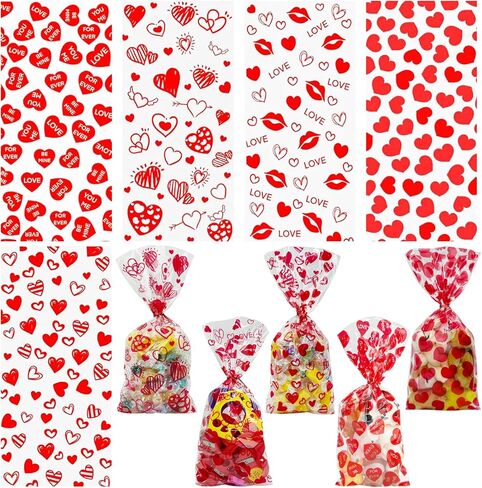 AouEtnay 150 Pieces Valentines Cellophane Treat Bags Valentines Day Candy Bags, 5 Assorted Styles Valentine Treat Bag with Ties for Valentine's Day Party Favor Supplies in Saudi Arabia