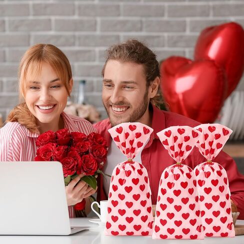 أكياس حلوى السيلوفان على شكل قلب وردي وأحمر لعيد الحب من JarThenaAMCS مع أربطة ملتوية 100 قطعة من أكياس الهدايا البلاستيكية وحقيبة الحلوى الجيدة لحفلات الزفاف والذكرى السنوية والوجبات الخفيفة وتغليف البسكويت in Kuwait