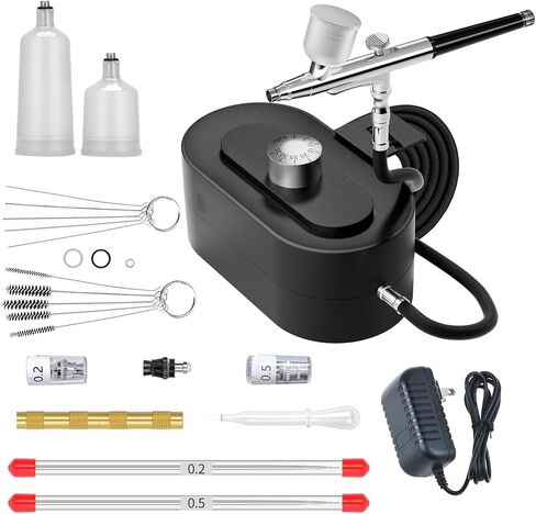 Airbrush Gun Kit with Air Compressor - Small Plug-in Dual-Action Spray Paint Gun, Includes 0.2/0.3/0.5mm Nozzles for Nail Art, Furniture Repair & Artistic Painting (Upgrade Set) in Saudi Arabia