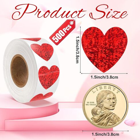 Heart Stickers, Valentines Stickers for Kids, 1 inch Holographic Self Adhesive Glitter Red Heart Sticker for Valentine's Day Love Decorations Wedding Envelope Seal Gift Decorative Label Sticke,500 pcs in Kuwait