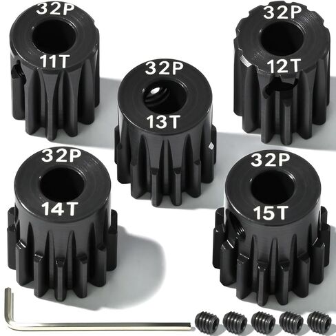 5Pcs 32P Hardened Steel Pinion Gear Set 5mm Shaft 11T 12T 13T 14T 15T Motor Pinion Gear with M4 Screw and Hex Key, for Arrma HPI Kyosho Losi Axial Traxxas Tamiya 1/10 RC Car and 540/550 Motors in Saudi Arabia