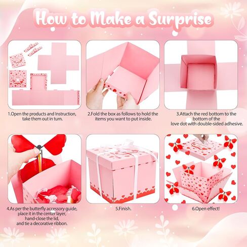 صندوق هدايا انفجار الفراشة الطائرة الوردية لعيد جالنتين، صندوق مفاجآت متفجر فريد من نوعه مع بطاقة قلب و4 قطع فراشات لمستلزمات حفلات أعياد الميلاد الجميلة in Kuwait