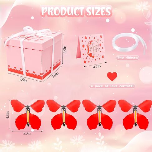 صندوق هدايا انفجار الفراشة الطائرة الوردية لعيد جالنتين، صندوق مفاجآت متفجر فريد من نوعه مع بطاقة قلب و4 قطع فراشات لمستلزمات حفلات أعياد الميلاد الجميلة in Kuwait