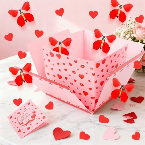 صندوق هدايا انفجار الفراشة الطائرة الوردية لعيد جالنتين، صندوق مفاجآت متفجر فريد من نوعه مع بطاقة قلب و4 قطع فراشات لمستلزمات حفلات أعياد الميلاد الجميلة in Kuwait