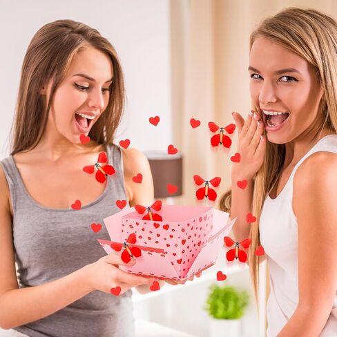 صندوق هدايا انفجار الفراشة الطائرة الوردية لعيد جالنتين، صندوق مفاجآت متفجر فريد من نوعه مع بطاقة قلب و4 قطع فراشات لمستلزمات حفلات أعياد الميلاد الجميلة in Kuwait