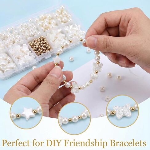 520Pcs/box White & Gold Beads Kit for Jewelry Making, Spacer Pearl Beads for Bracelets, Bow Butterfly Heart Star Shapes, DIY Friendship Charms Necklace & Phone Charm Supplies Craft Gifts in Saudi Arabia