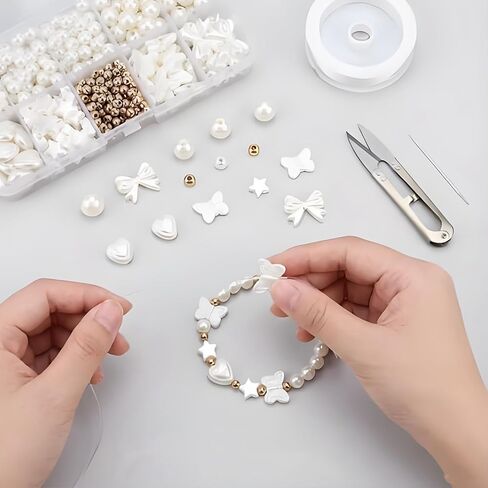 520Pcs/box White & Gold Beads Kit for Jewelry Making, Spacer Pearl Beads for Bracelets, Bow Butterfly Heart Star Shapes, DIY Friendship Charms Necklace & Phone Charm Supplies Craft Gifts in Saudi Arabia