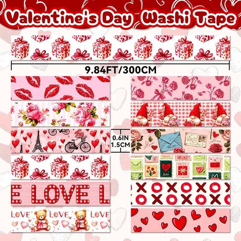 12 Rolls Valentine's Day Washi Tape Set, Pink & Red Hearts Decorative Tape Love Letters Roses Masking Tape for Journaling Supplies, Junk Journal, Scrapbooking, DIY Arts & Crafts, Gift Wrapping in Saudi Arabia