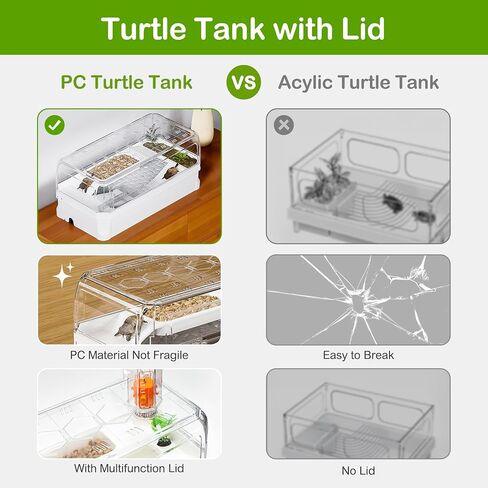 طقم خزان السلحفاة مع غطاء، حوض سمك للمبتدئين في قفص السلحفاة المائية مع منطقة متعددة الوظائف، ضوء منصة تشمس للأشعة فوق البنفسجية، فلتر مياه، ذراع دش مطري، نبات، حجر، غلاف منزلق ذو أذنين حمراء in Kuwait