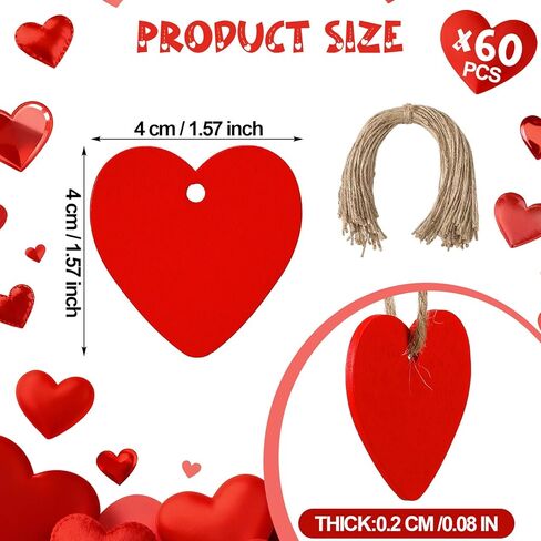 60 Pcs Mini Red Heart Wood DIY Crafts Cutouts Wooden Heart Shaped Hanging Ornaments with Hole Hemp Ropes Wood Tags for Christmas Valentine Mother's Day Wedding Party Decorations in Saudi Arabia