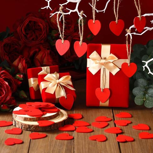 60 Pcs Mini Red Heart Wood DIY Crafts Cutouts Wooden Heart Shaped Hanging Ornaments with Hole Hemp Ropes Wood Tags for Christmas Valentine Mother's Day Wedding Party Decorations in Saudi Arabia