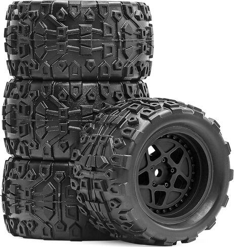 Pre-Glued 1/16 & 1/18 RC Monster Truck Tires, Soft Rubber Tire and Nylon Wheels Rims with 12mm hex Fit for ARRMA 1/18 Granite/Typhon Grom, WLtoys A949, MJX Hyper Go H16 RC Buggy, 4PCS (Black) in Saudi Arabia
