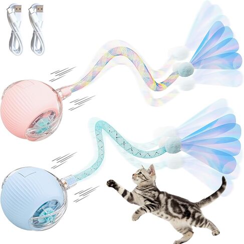 2-Pack Interactive Cat Ball Toys – Pink & Blue Combo – Automatic Rolling Balls with Long Tail & Feather, 3-Modes & USB Rechargeable for Indoor Cats in Saudi Arabia