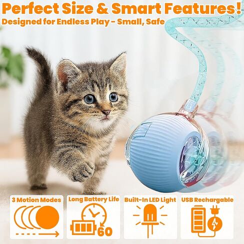 2-Pack Interactive Cat Ball Toys – Pink & Blue Combo – Automatic Rolling Balls with Long Tail & Feather, 3-Modes & USB Rechargeable for Indoor Cats in Saudi Arabia