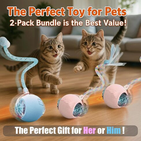 2-Pack Interactive Cat Ball Toys – Pink & Blue Combo – Automatic Rolling Balls with Long Tail & Feather, 3-Modes & USB Rechargeable for Indoor Cats in Saudi Arabia